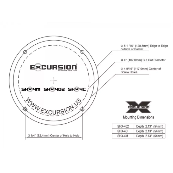 Excursion SHX-402  2-drożne współosiowe głośniki samochodowe o średnicy 100mm, tweetery 19mm - 3ohm, 50/125W, 88dB, 60-20000Hz, głębokość 54mm
